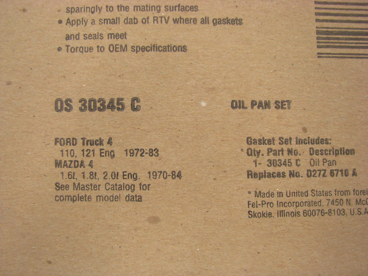 Fel-pro OS30345C Engine Oil Pan Gasket for 1970-1984 Ford Mazda 1.6L 1.8L 2.0L