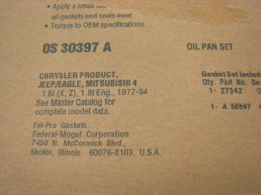 FEL-PRO OS30397A Engine Oil Pan Gasket For 1978-1994 Mitsubishi 1.6L 1.8L-L4