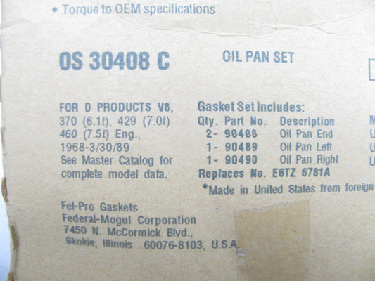 Fel-pro OS30408C Engine Oil Pan Gasket Set - 1968-1989 Ford 429 460 V8 BBF