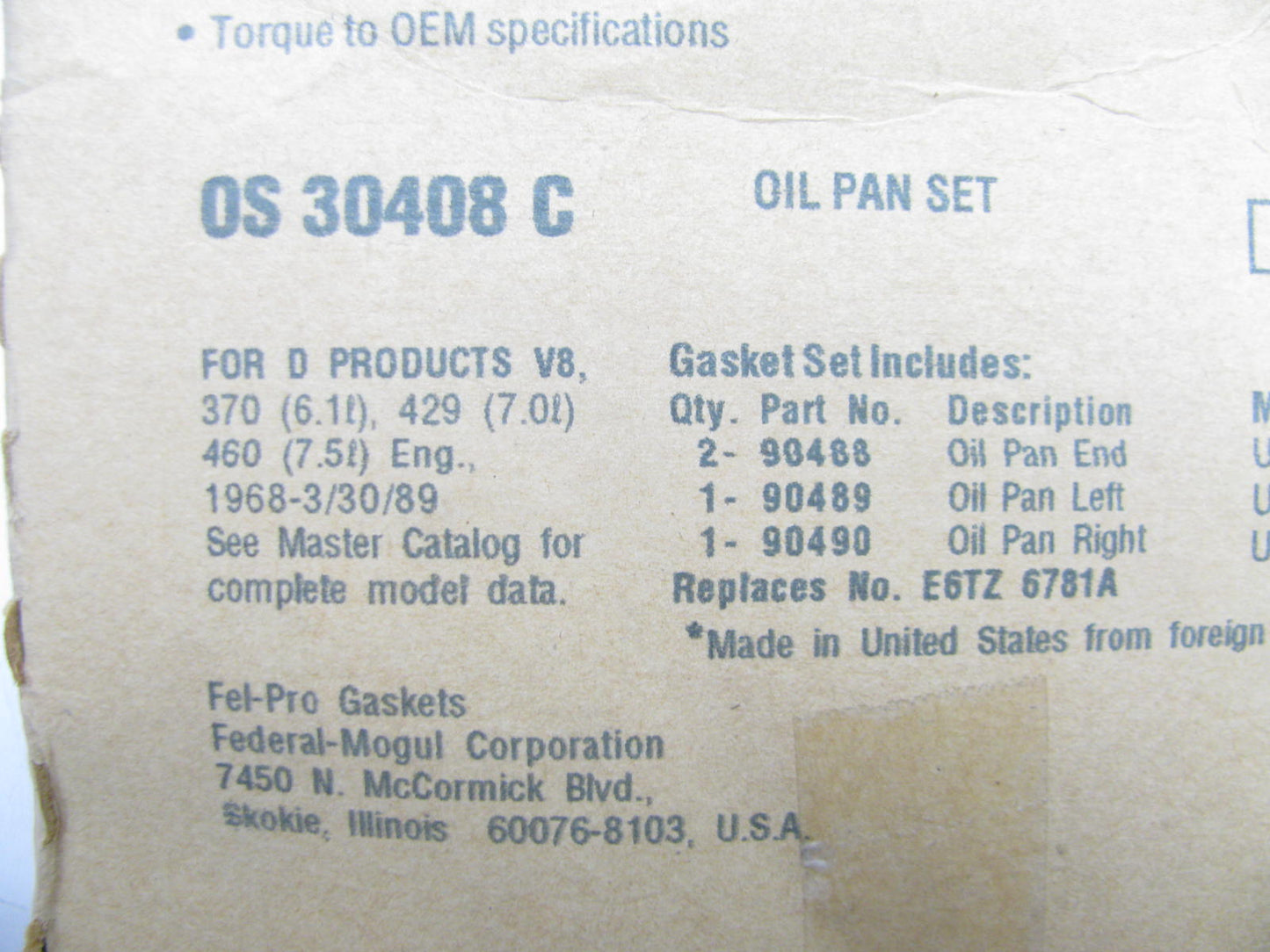 Fel-pro OS30408C Engine Oil Pan Gasket Set - 1968-1989 Ford 429 460 V8 BBF