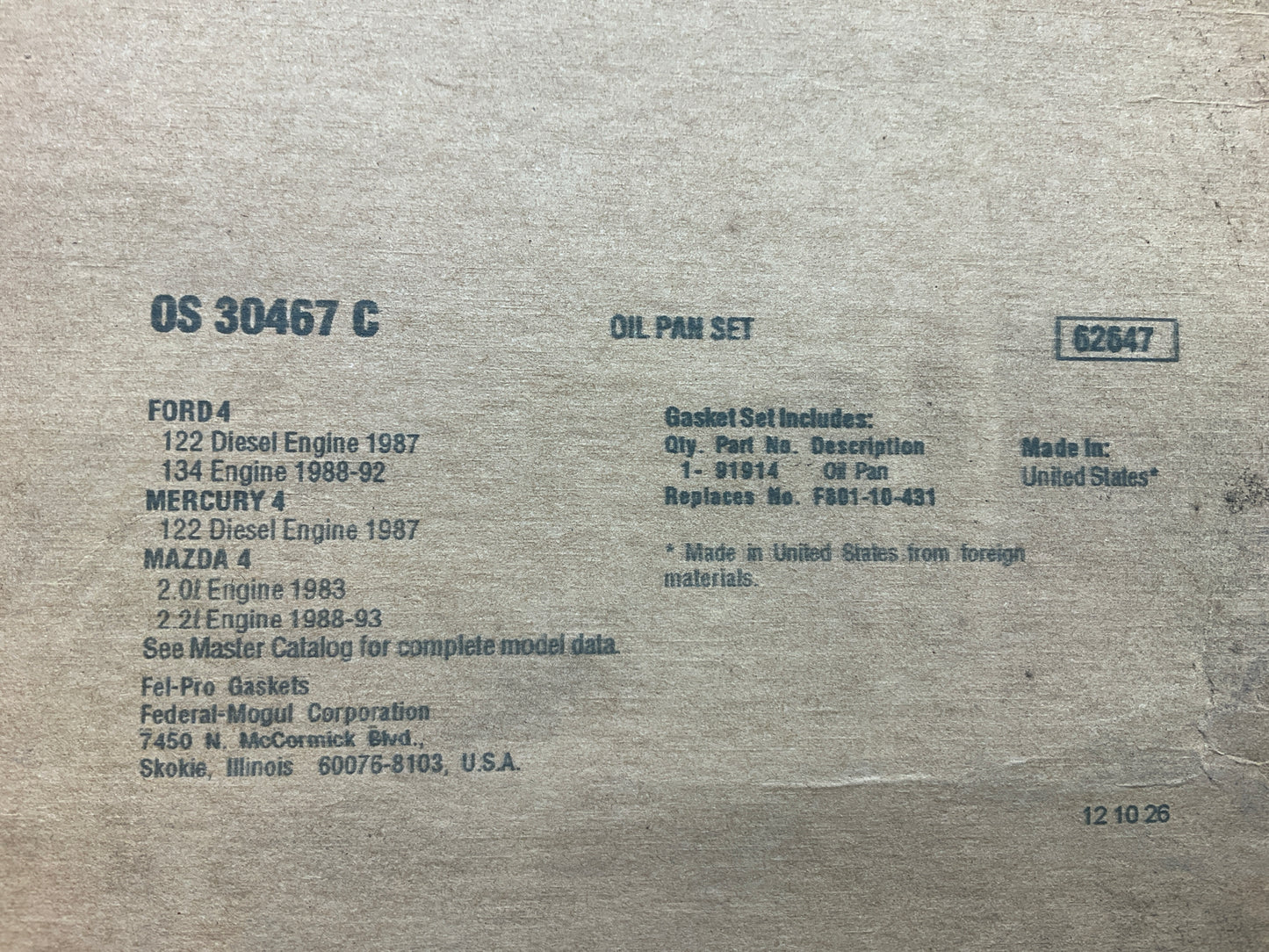 Fel-Pro OS30467C LOWER Engine Oil Pan Gasket 83-93 Mazda Ford 2.0L 2.2L I4 SOHC