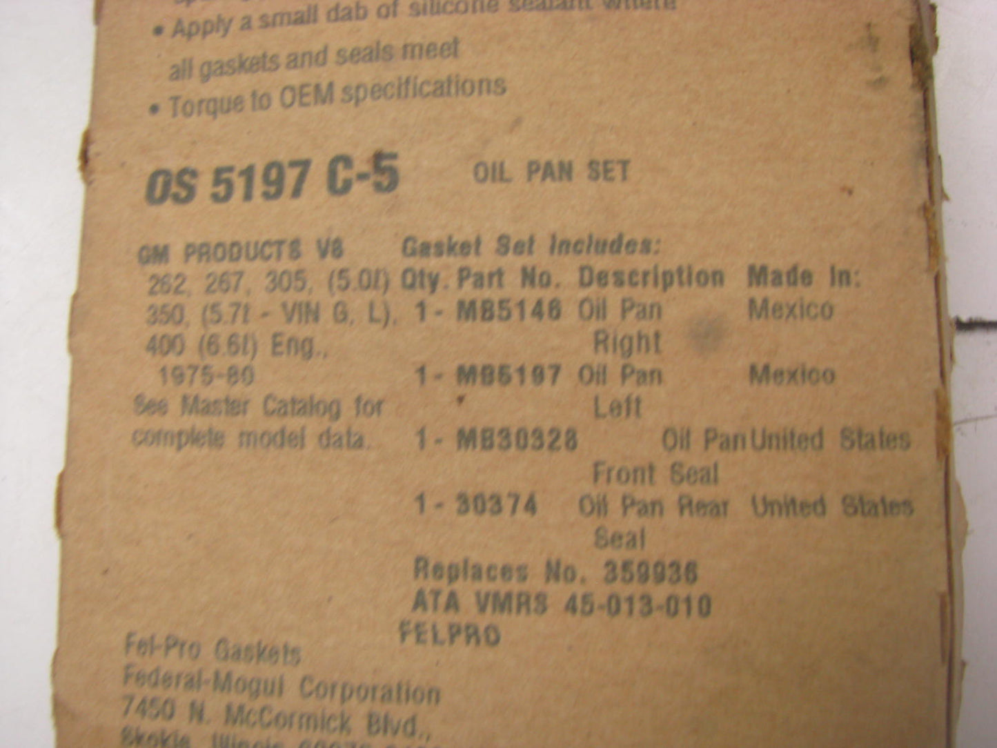 Fel-Pro OS30535C Engine Oil Pan Gasket Set For 1986-1987 Chrysler 2.5L