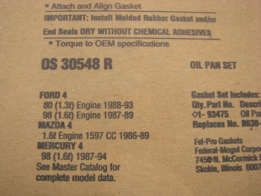 Fel-pro OS30548R Engine Oil Pan Gasket - 1986-1994 Ford, Mazda 1.3L 1.6L