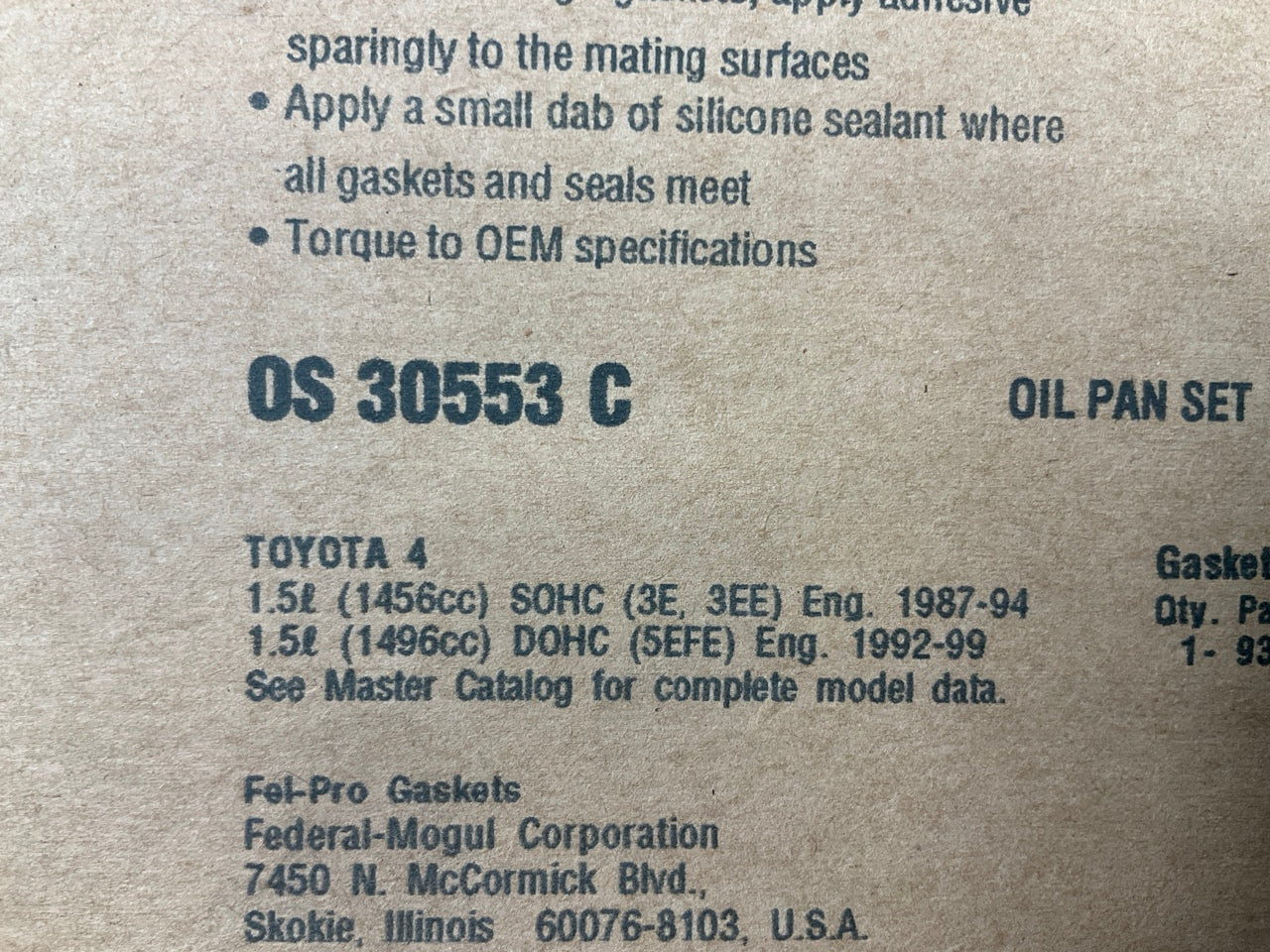 Fel-Pro OS30553C Engine Oil Pan Gasket 1987-99 Toyota 1.5L I4