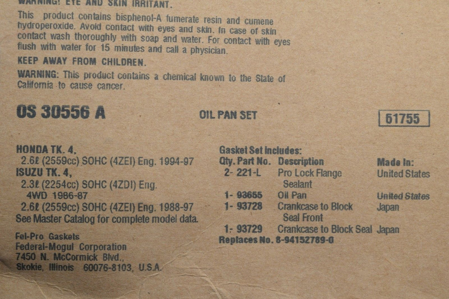 Fel-Pro OS30556A Engine Oil Pan Gasket Set 1986-97 Isuzu 2.3L 2.6L I4 SOHC