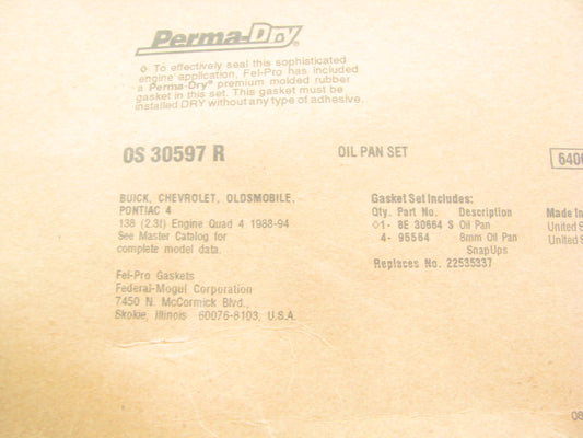 Fel-Pro OS30597R Engine Oil Pan Gasket Set 1987-94 Olds Pontiac Buick 2.3L QUAD4