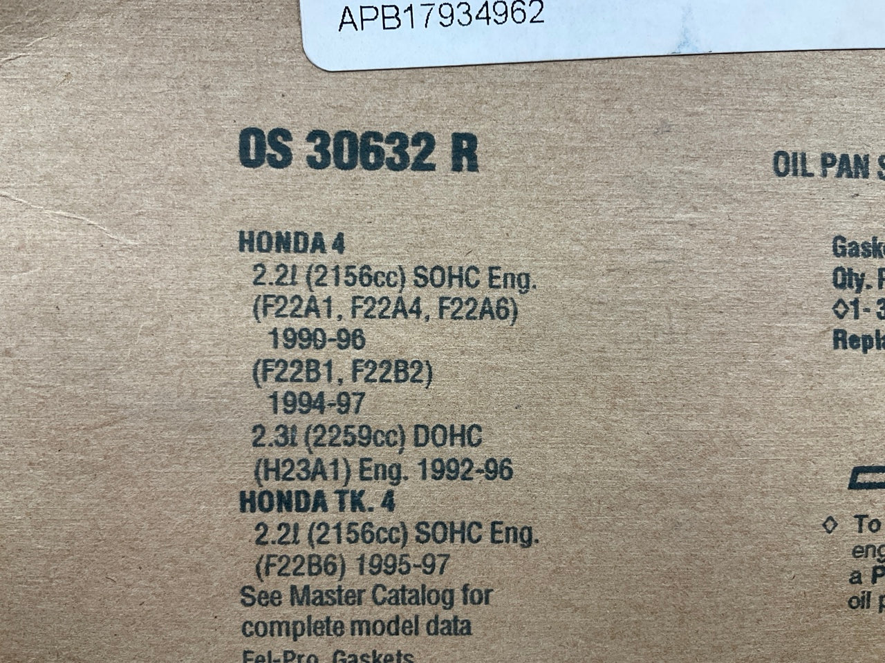 Fel-Pro OS30632R Engine Oil Pan Gasket - 1990-2002 Honda 2.2L 2.3L I4