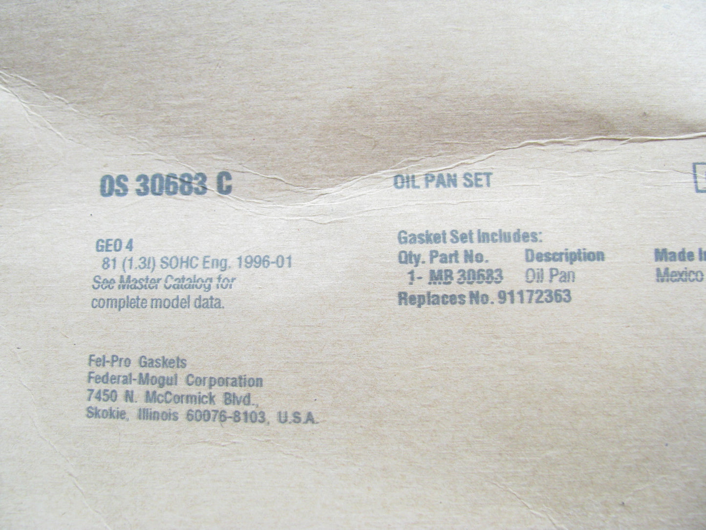 Fel-pro OS30683C Oil Pan Gasket - 96-97 Geo Pontiac Suzuki 1.3L I4