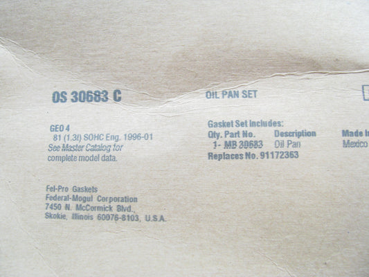 Fel-pro OS30683C Oil Pan Gasket - 96-97 Geo Pontiac Suzuki 1.3L I4