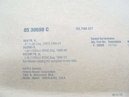 Fel-pro OS30698C Engine Oil Pan Gasket 96-97 Geo, Pontiac, Suzuki 1.6L