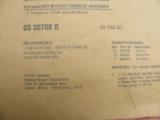 Fel-pro OS30708R-TYPE2 Engine Oil Pan Gasket 1998-06 VW 00-06 Audi 1.8L 2.0L-L4
