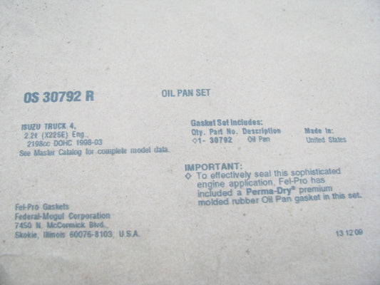 Fel-pro OS30792R Engine Oil Pan Lower Gasket 1998-03 Isuzu Amigo Rodeo 2.2L