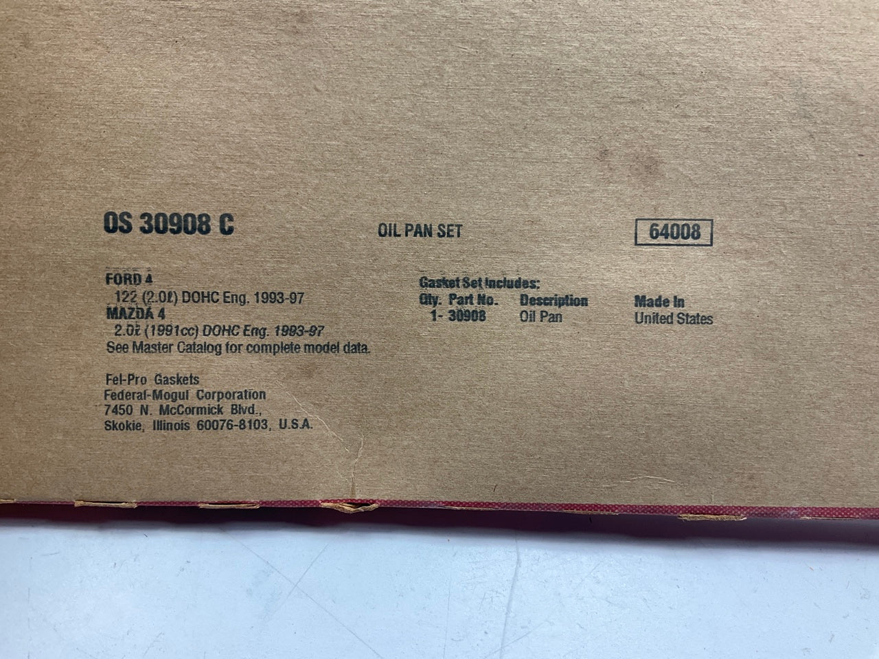 Fel-Pro OS30908C LOWER Engine Oil Pan Gasket 93-97 Ford 93-03 Mazda 1.8L 2.0L I4