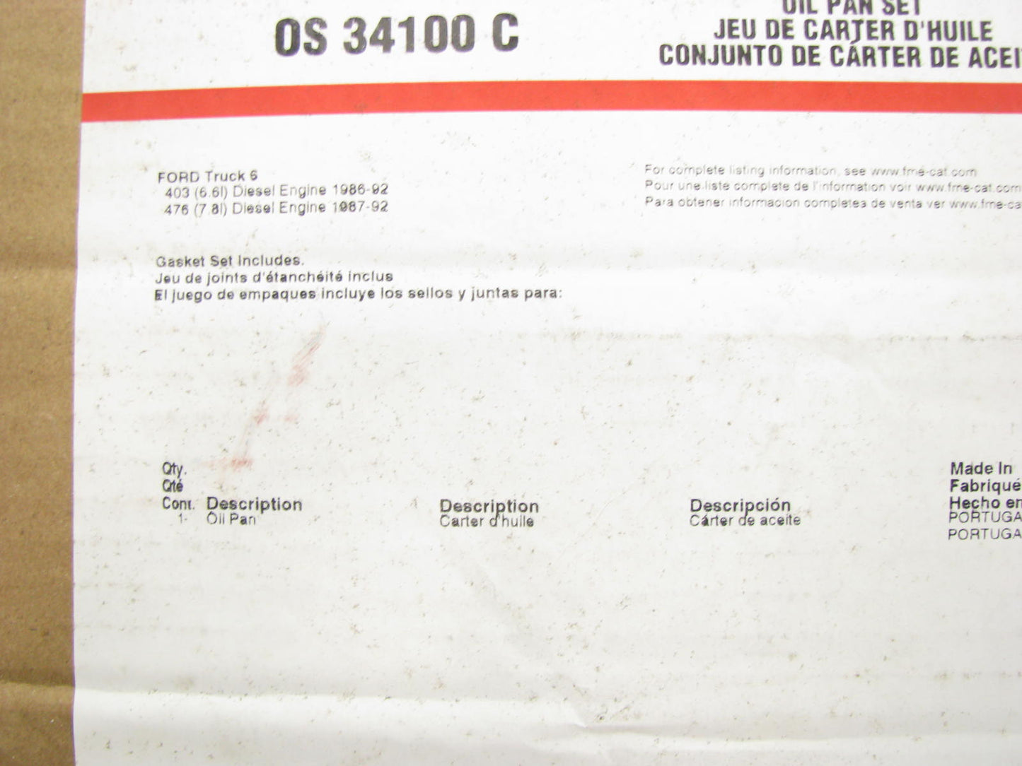 Fel-pro OS34100C Oil Pan Gasket - 1986-92 Ford Brazil Diesel Truck 6.6L 7.8L I6