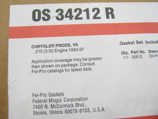 Fel-pro OS34212R Engine Oil Pan Gasket For 1993-1997 Chrysler 3.5L V6