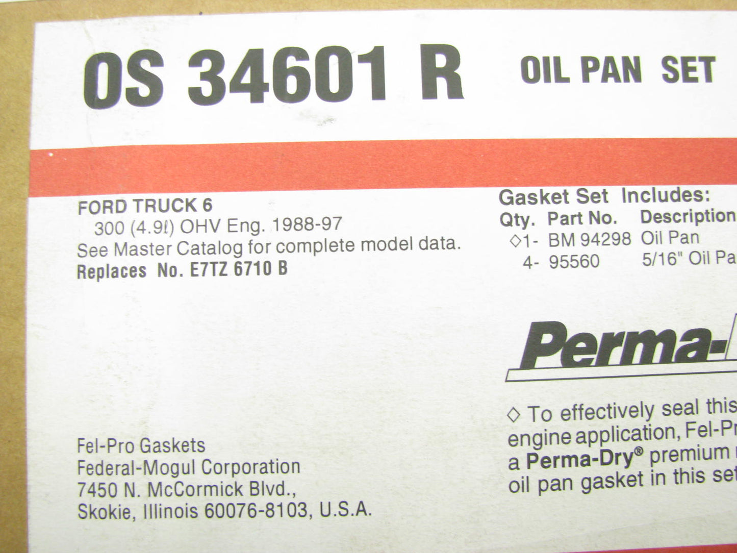 Fel-pro OS34601R Engine Oil Pan Gasket Set - 88-97 Ford Van Pickup 4.9L 300 L6