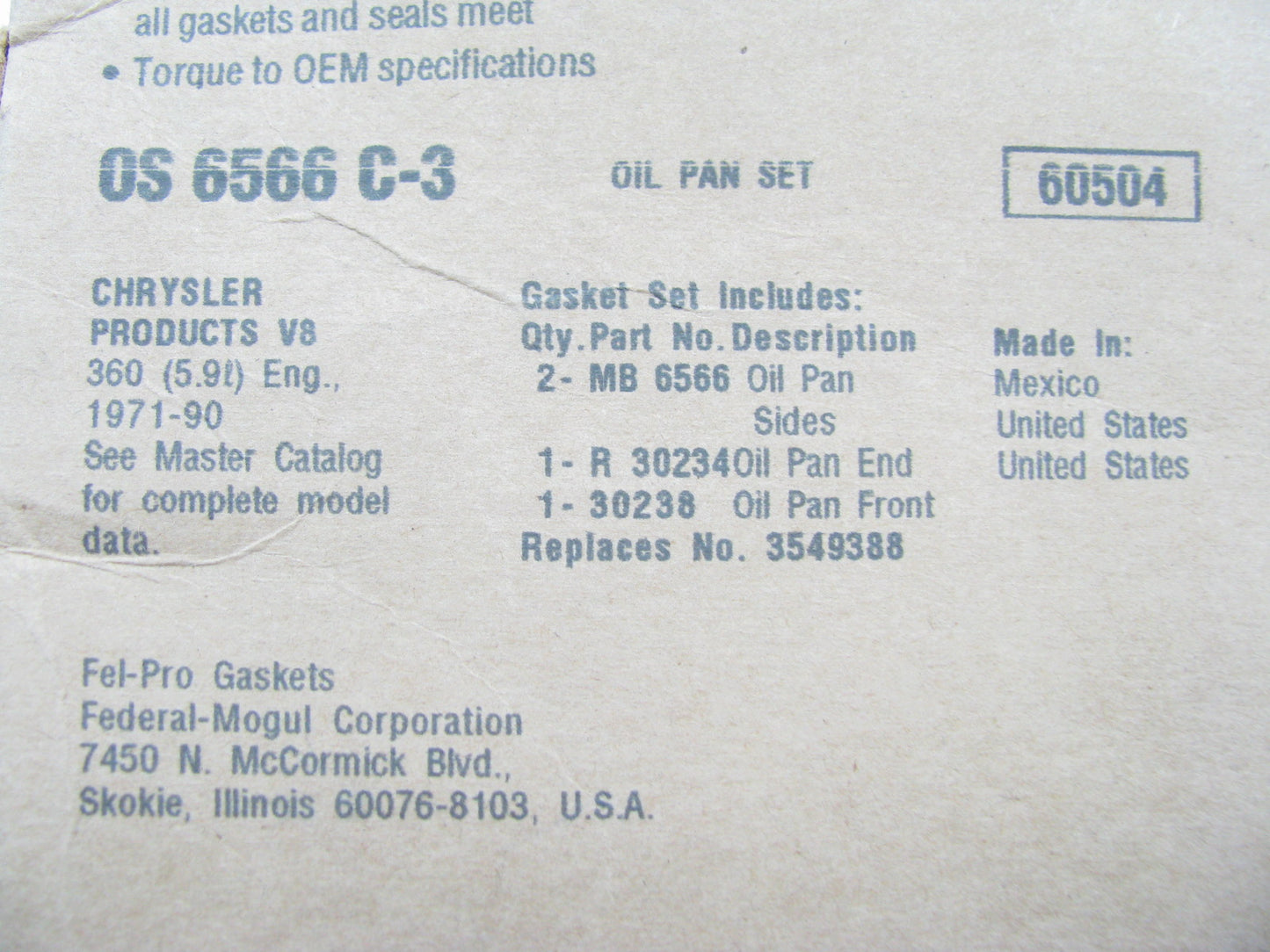Fel-pro OS6566C-3 Engine Oil Pan Gasket Set For 1971-1990 Dodge 360 5.9L V8