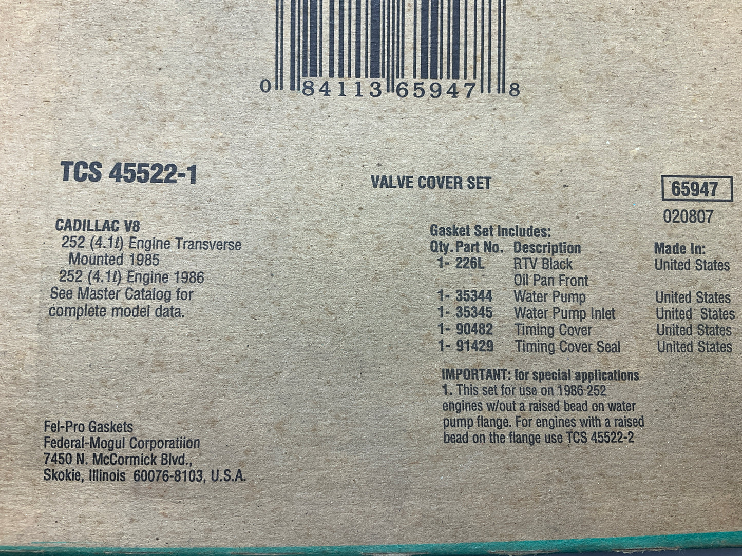 Fel-pro TCS45522-1 Timing Cover Gasket Set For 1985-1986 Cadillac 4.1L V8