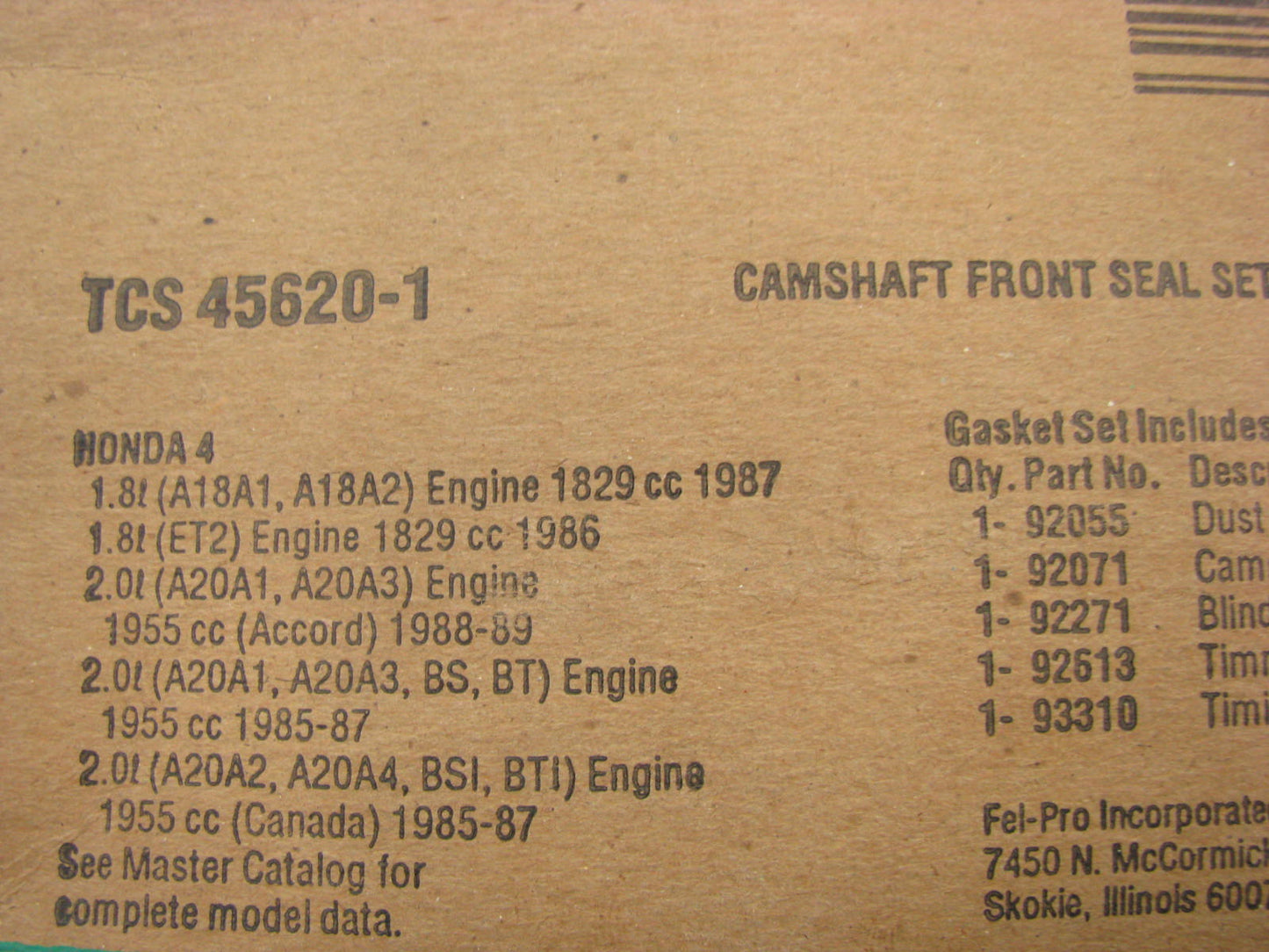 FEL-PRO TCS45620-1 Front Camshaft Seal Set 86-89 Accord 85-87 Prelude 1.8L 2.0L
