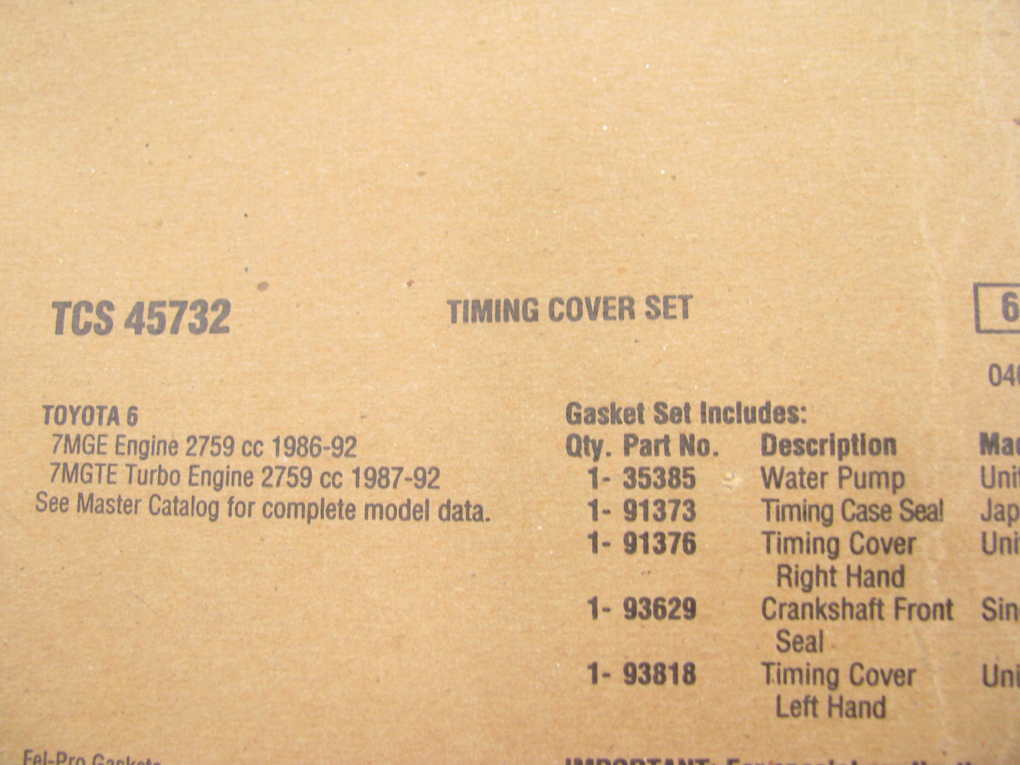 Fel-pro TCS45732 Timing Cover Gasket Set for 1986-1992 Toyota 3.0L 6 Cylinder