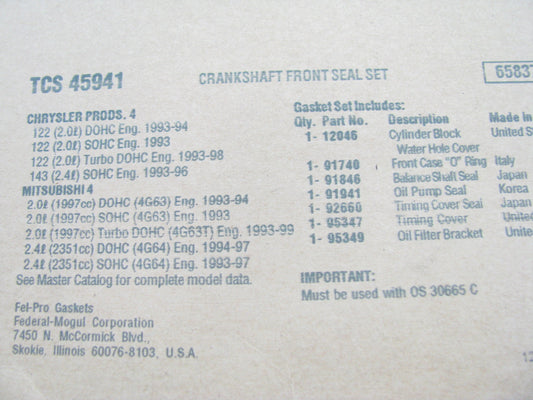 Fel-Pro TCS45941 FRONT Engine Crankshaft Seal Kit