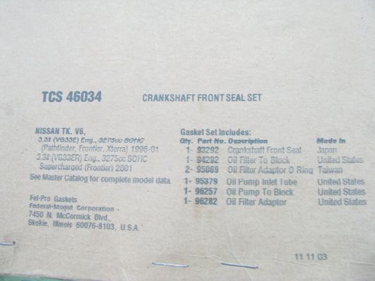 FEL-PRO TCS46034 Front Crankshaft Seal Kit For 1996-2001 Nissan 3.3L V6