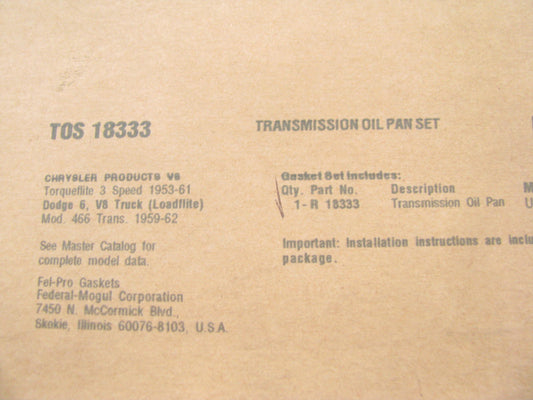 Fel-Pro TOS18333 Auto Trans Oil Pan Gasket 18 Bolt For Chrysler A466 3 Speed