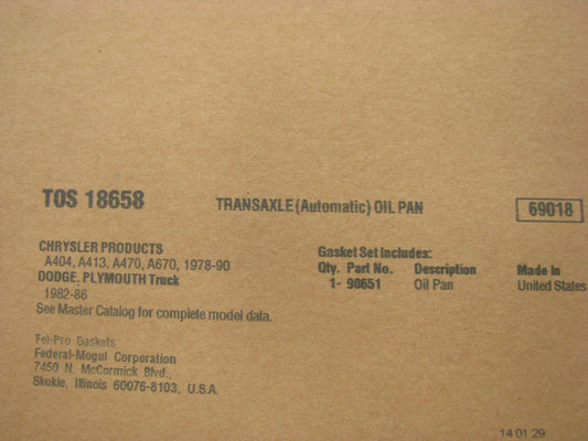 Fel-Pro TOS18658 Auto Trans Oil Pan Gasket For Chrysler A404 A413 A470 A670