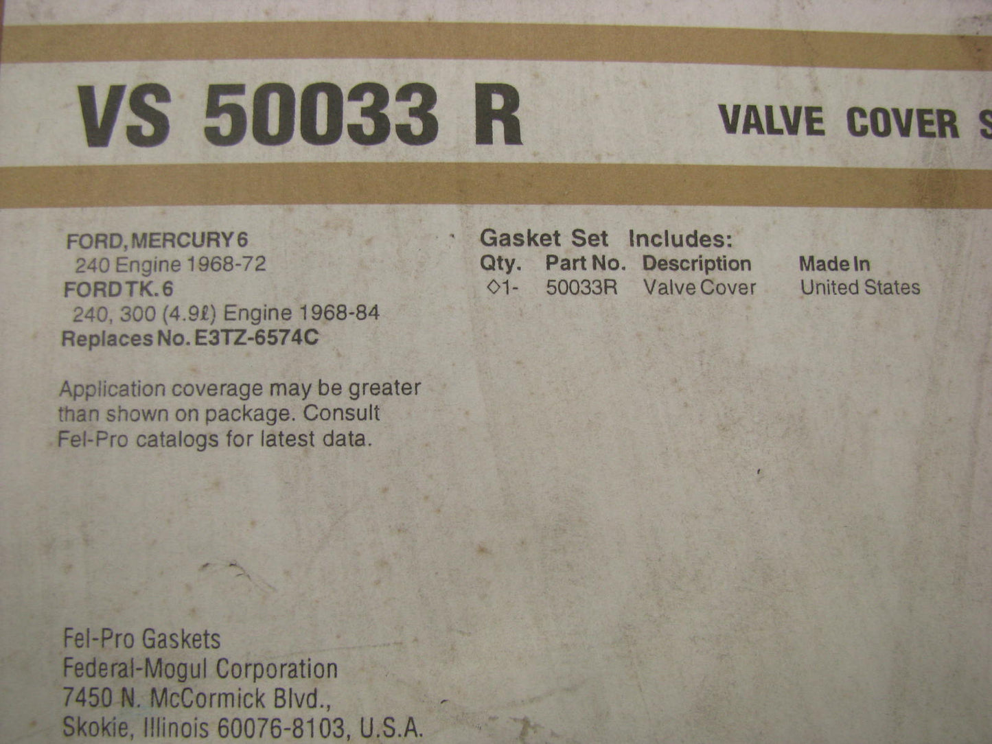 Fel-Pro VS50033R Valve Cover Gasket 1968-84 Ford 240 300 I6