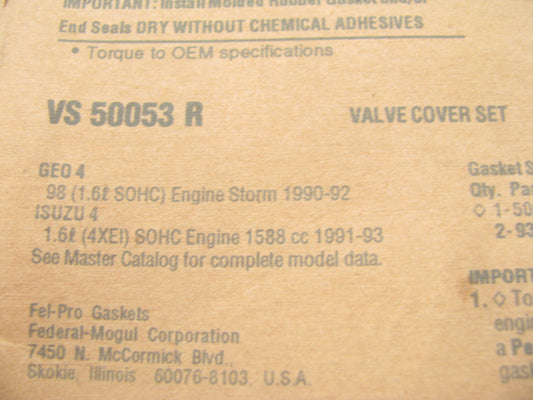Fel-Pro VS50053R Valve Cover Gasket 90-93 Geo Storm 91-93 Isuzu Stylus 1.6L I4