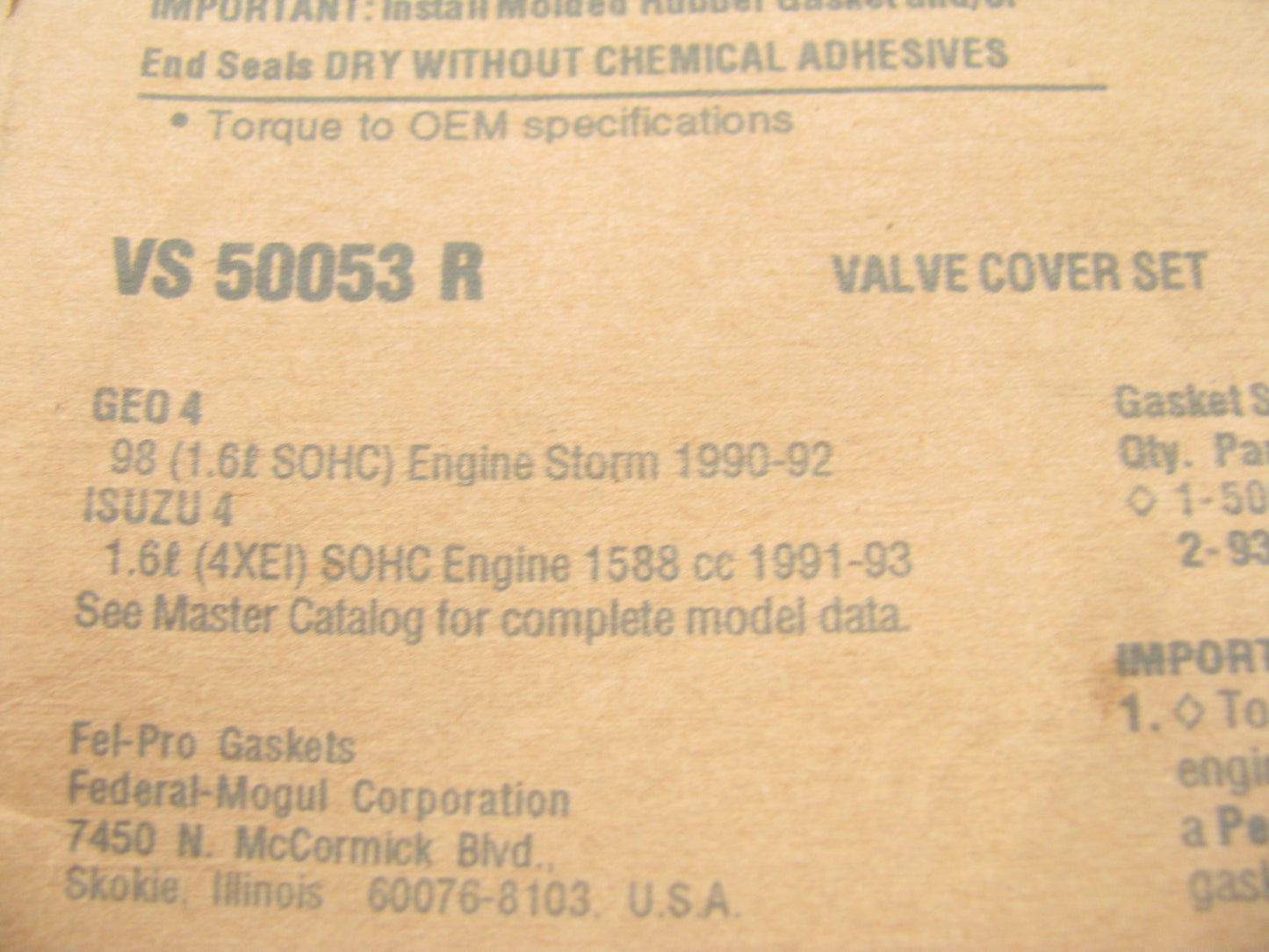 Fel-Pro VS50053R Valve Cover Gasket 90-93 Geo Storm 91-93 Isuzu Stylus 1.6L I4