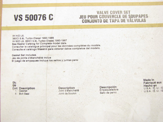 Fel-pro VS50076C Valve Cover Gasket Set For 1987-1993 IHC 5.9L-L6 Turbo Diesel
