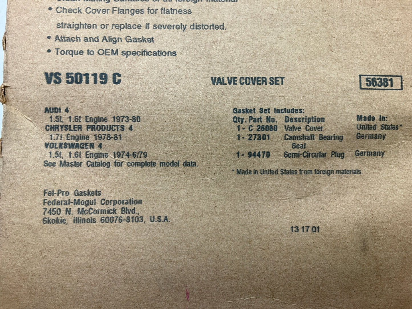 Fel-pro VS50119C Valve Cover Gasket Set For 1973-1981 VW Audi 1.5L 1.6L 1.7L