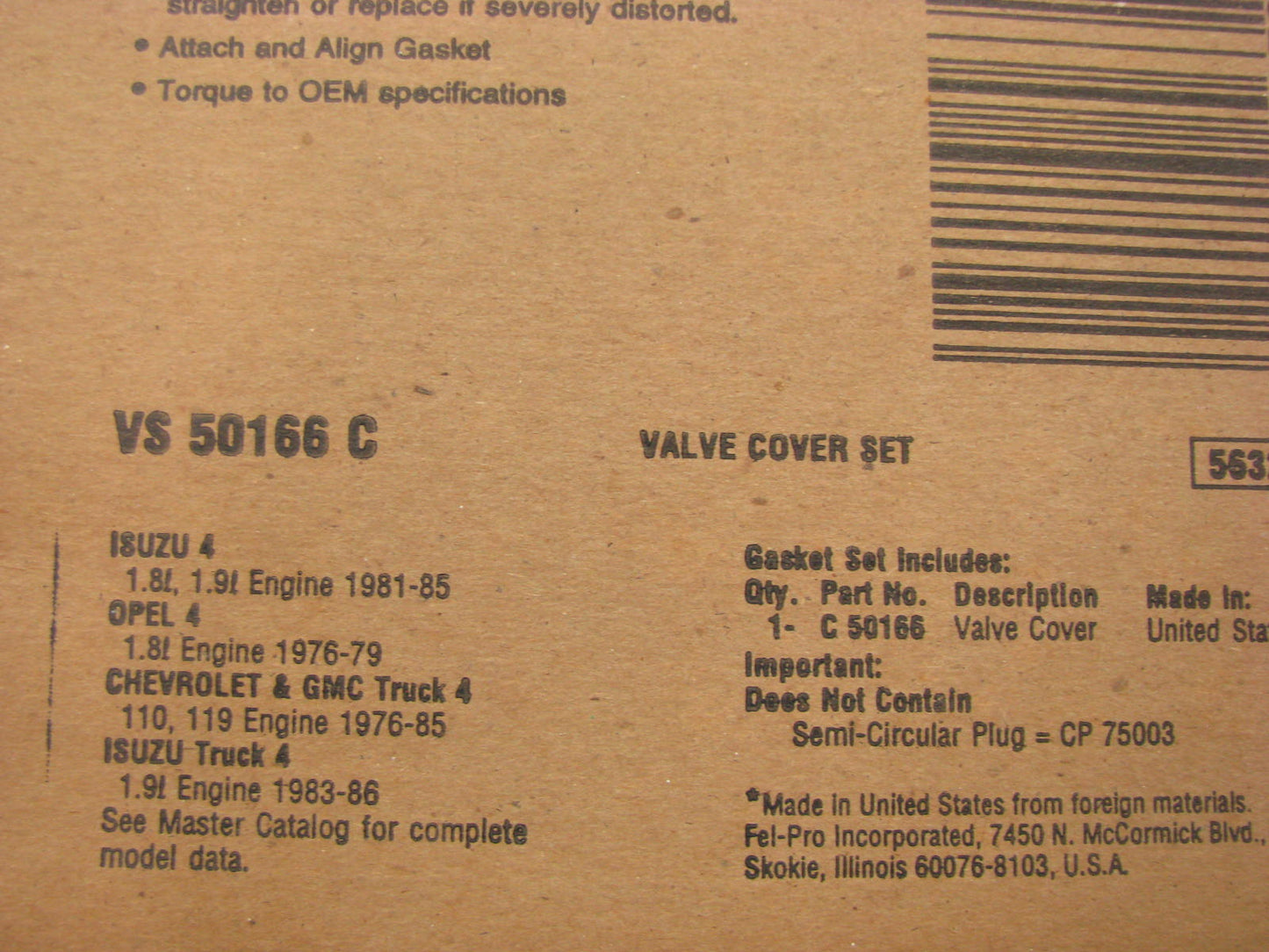 FEL-PRO VS50166C Valve Cover Gasket - 76-87 Chevy Isuzu GMC 1.8L 1.9L L4 SOHC