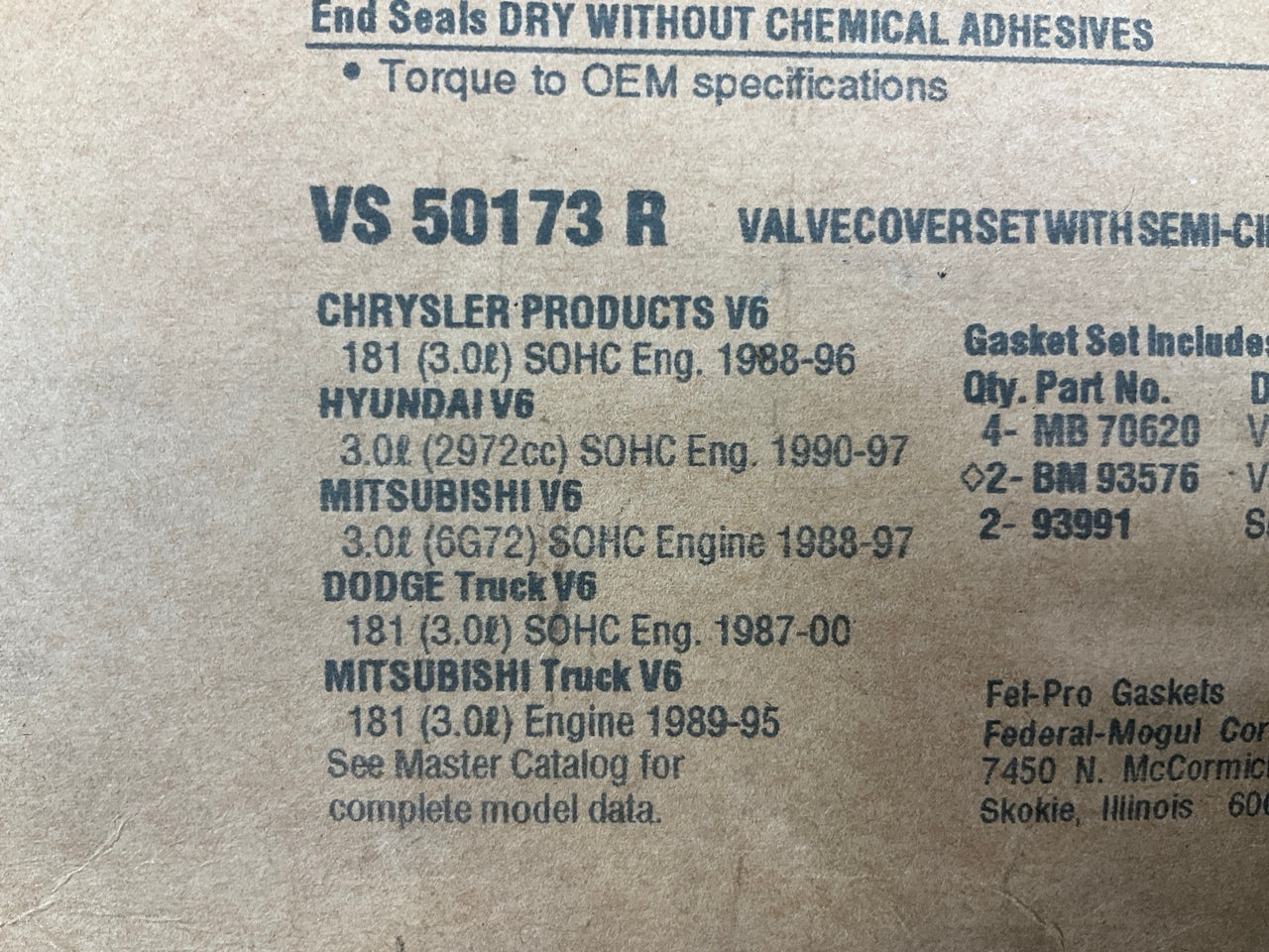 Fel-Pro VS50173R Valve Cover Gasket Set For 1987-00 Chrysler 3.0L V6