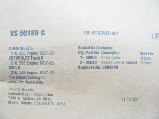 FEL-PRO VS50189C Engine Valve Cover Gasket Set 1937-63 GM 217 230 235 261 270 L6