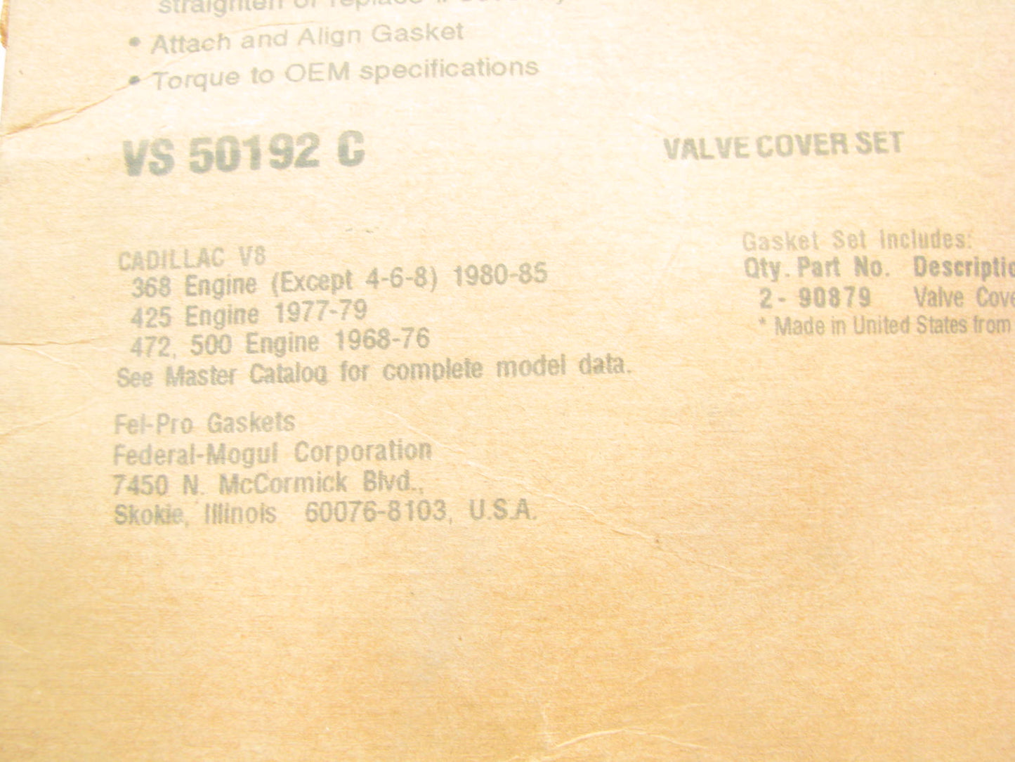 Fel-pro VS50192C Engine Valve Cover Gasket Set For 1968-1974 Cadillac 472 500 V8