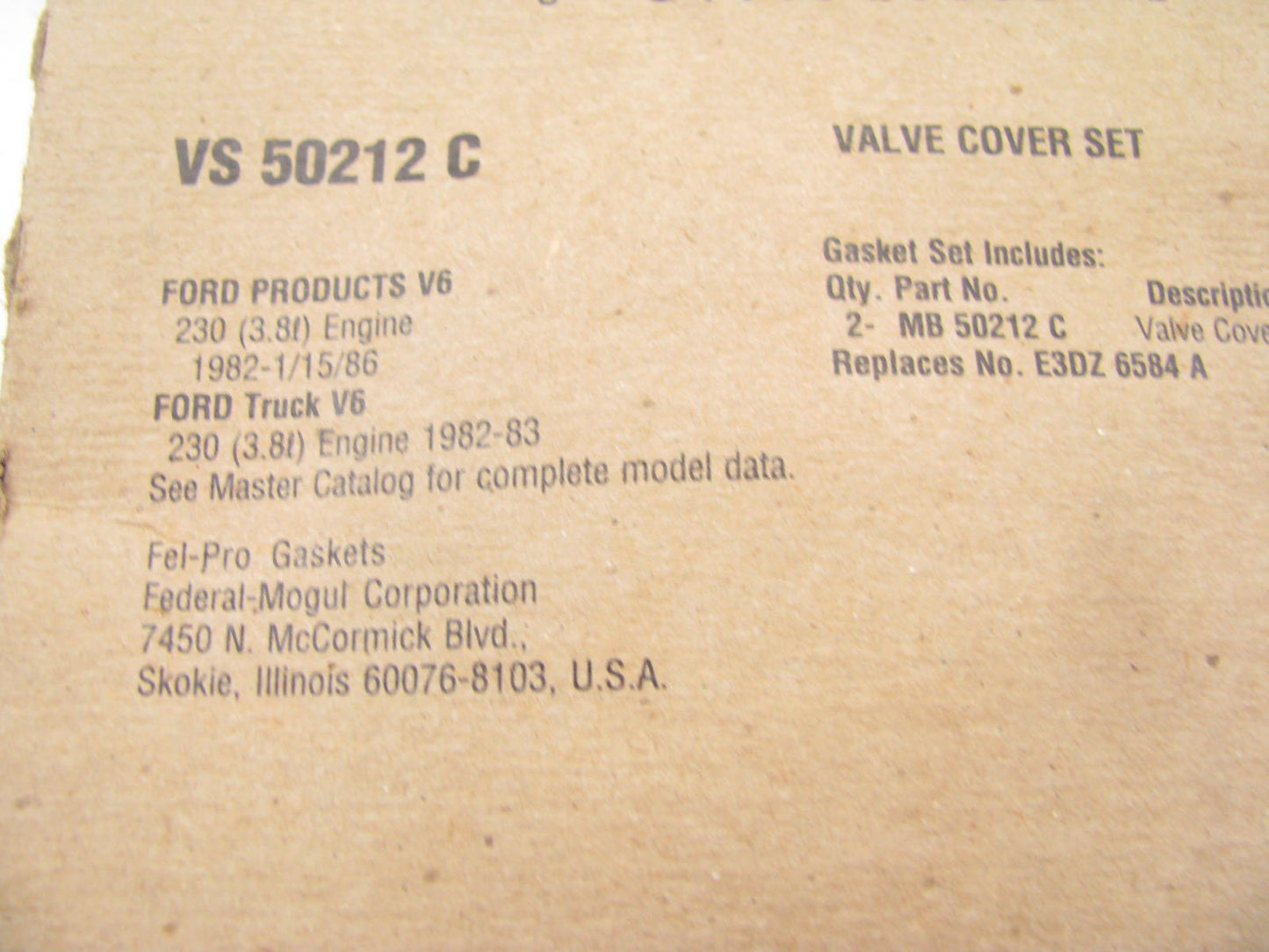 Fel-Pro VS50212C Valve Cover Gasket Set 1982-86 Ford Mercury 232 3.8L V6