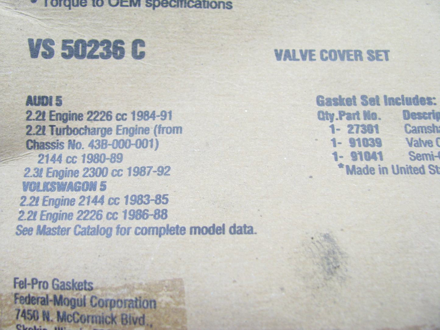 Fel-Pro VS50236C Engine Oil Pan Gasket Set 1980-92 VW Audi 2.2L 2.3L I5 SOHC