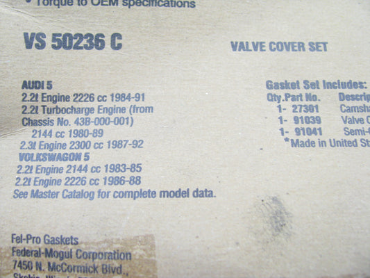 Fel-Pro VS50236C Engine Oil Pan Gasket Set 1980-92 VW Audi 2.2L 2.3L I5 SOHC