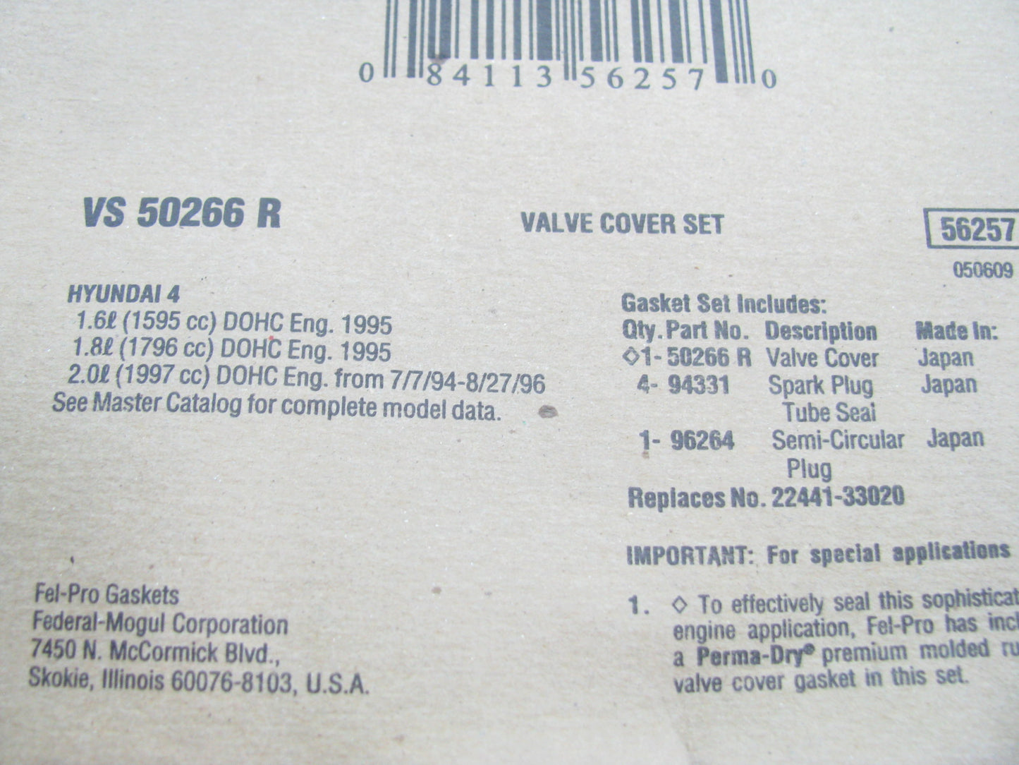 Fel-pro VS50266R Valve Cover Gasket For 1994-1997 Hyundai Sonata 2.0L