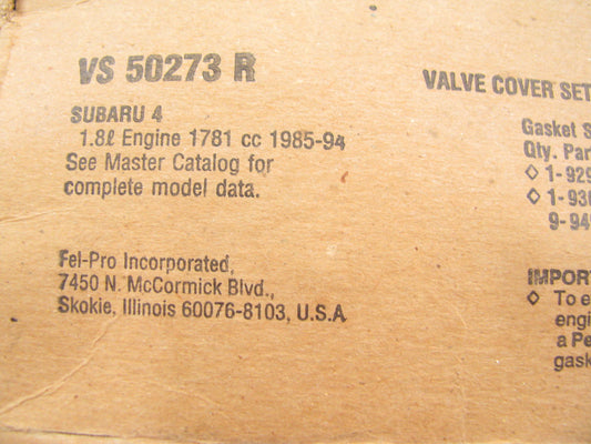 Fel-pro PermaDry VS50273R Valve Cover Gasket Set For 1985-1994 Subaru 1.8L H4