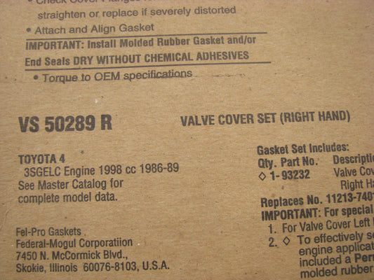 Fel-pro VS50289R Right Engine Valve Cover Gasket 86-89 Toyota Celica 2.0L