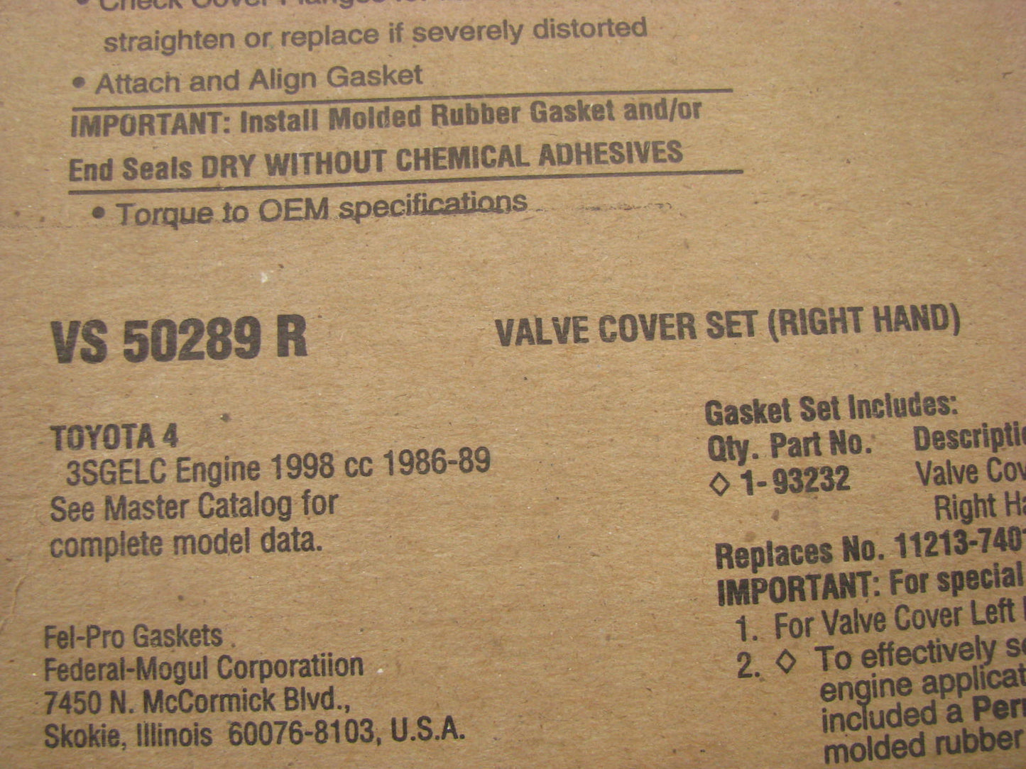 Fel-pro VS50289R Right Engine Valve Cover Gasket 86-89 Toyota Celica 2.0L