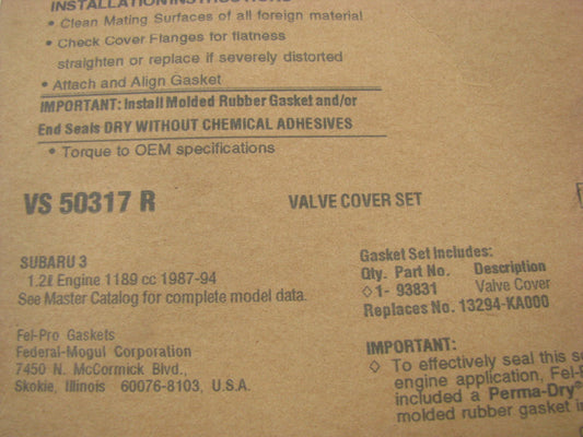 Fel-pro VS50317R Engine Valve Cover Gasket For 1987-1994 Subaru Justy 1.2L-L3