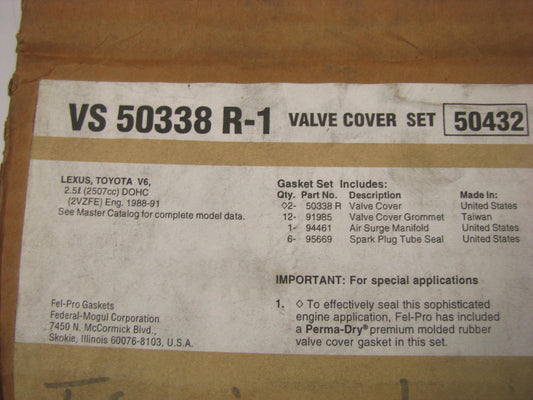 FEL-PRO VS50338R-1 Engine Valve Cover Gasket Set 88-91 Camry 90-91 ES250 2.5L V6