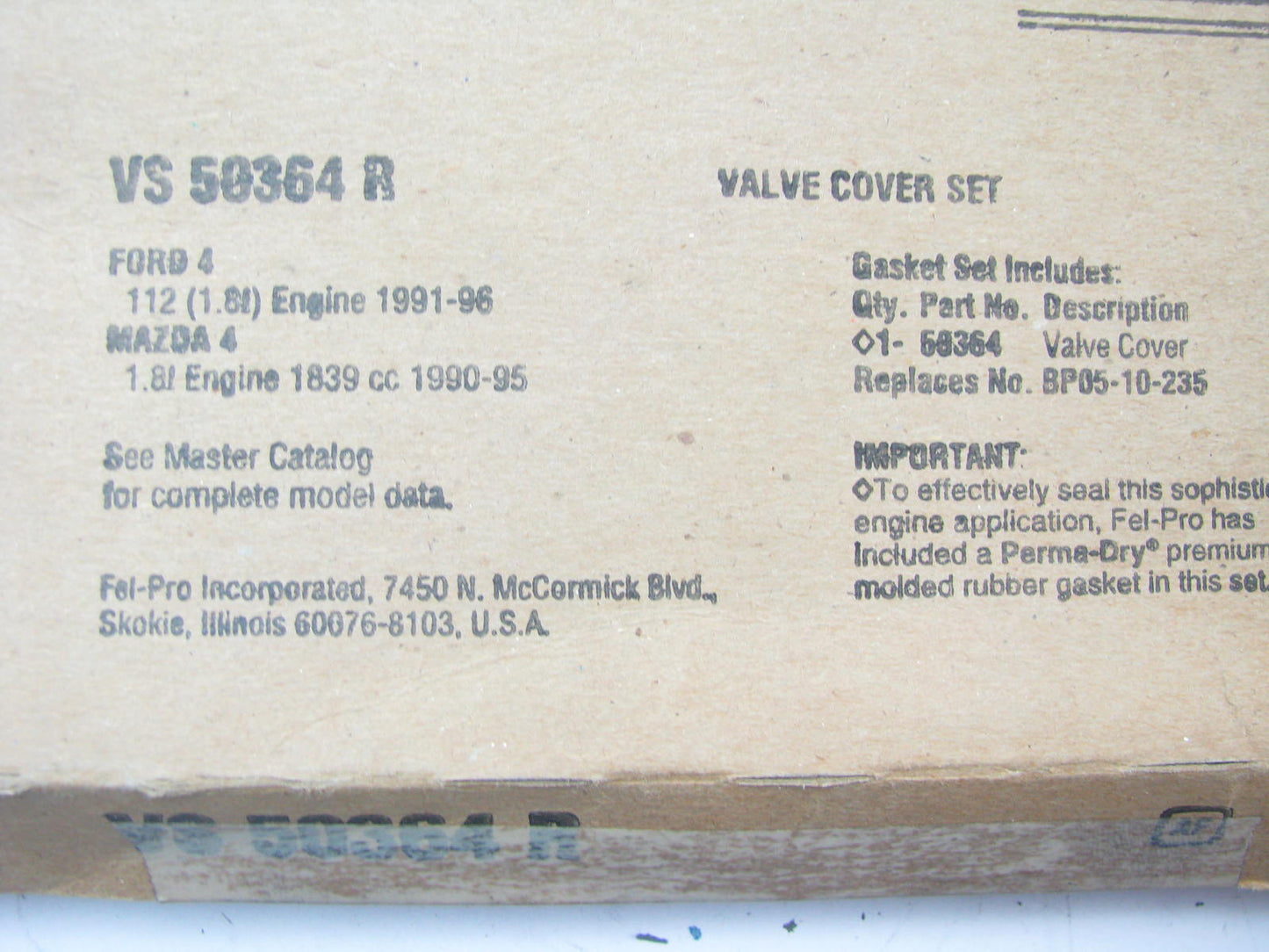 Fel-pro VS50364R Valve Cover Gasket For 1990-1996 Ford Mazda 1.8L I4