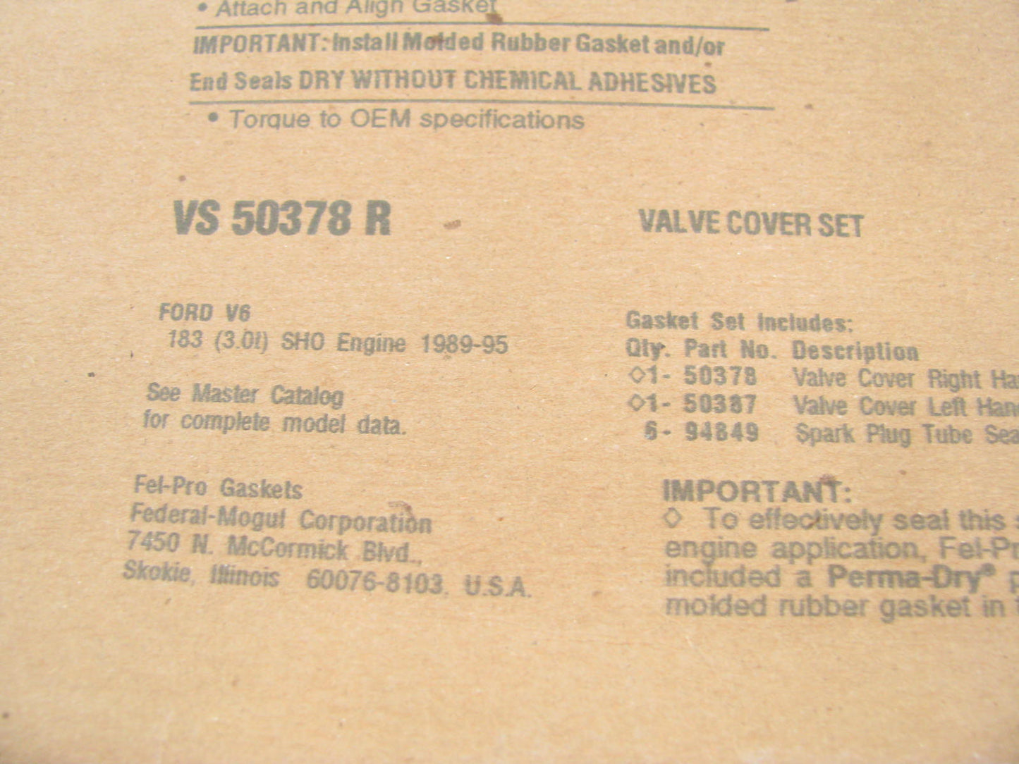 FEL-PRO VS50378R Engine Valve Cover Gasket Set - 1989-1995 Taurus 182 195 V6
