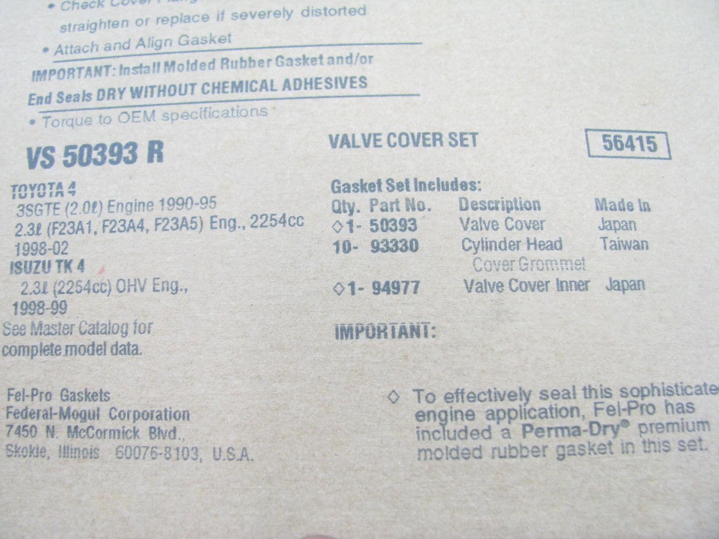 FEL-PRO VS50393R Valve Cover Gasket Set - 90-93 Celica 91-95 MR2 2.0L Turbo