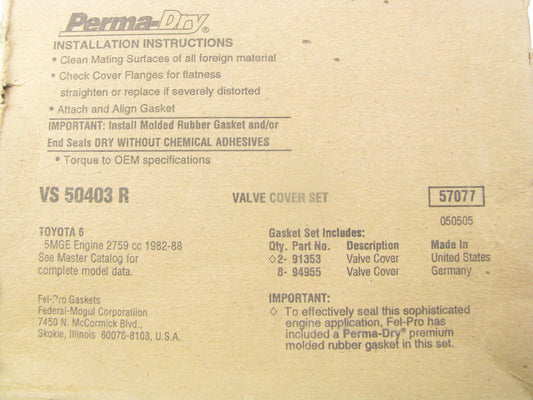 Fel-pro VS50403R Engine Valve Cover Gasket Set For 1982-1988 Toyota 2.8L-L6